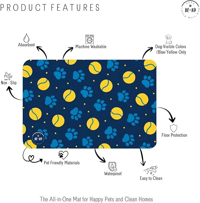 BE-KH Absorbent Pet Feeding Mat for Dogs & Cats, Quick Dry Dog Bowl Mat for Food and Water, Ultra-Thin, Non-Slip Rubber & Polyester, Waterproof & Machine Washable, Happy Woof, 24x16 in (60x40 cm)