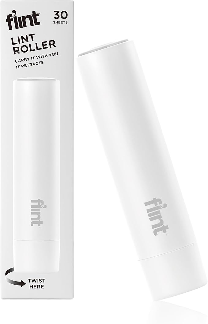 Flint Classic White Retractable Mini Lint Roller with 30 Extra Sticky Sheets, Small and Portable Lint Roller, Ideal Pet Hair Remover, Travel Lint Rollers for pet Hair Extra Sticky