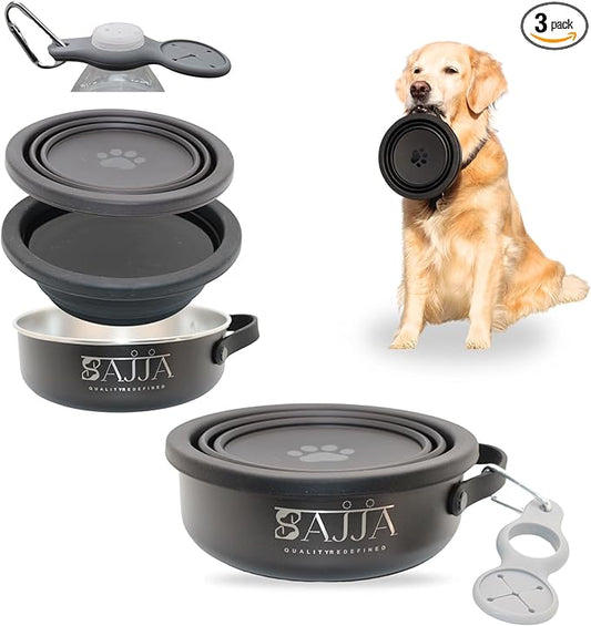 3-in-1 Travel Dog & Cat Bowl – Collapsible BPA-Free Silicone & 18/8 Stainless Steel, Portable & Non-Slip with Handle, Easy to Clean, Food & Water Bowl for On-the-Go Pets, Bottl/Poop Bag Holder