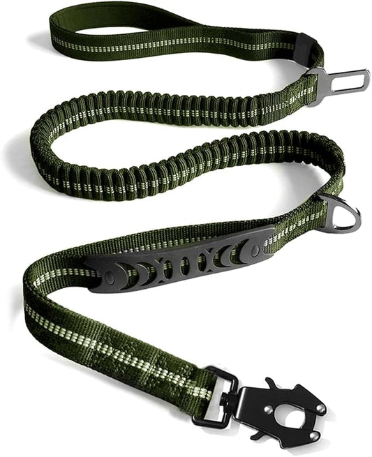 Heavy Duty Tactical Dog Leash, 4-6FT Shock Absorbing Bungee Lead with 2 Padded Handles, Metal Carabiner & Seatbelt Clip, Reflective No-Pull Leash for Medium/Large Dogs (ArmyGreen)