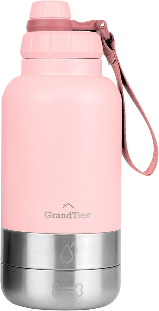 GrandTies Insulated Portable Dog Water Bottle with 2 Detachabl Water Bowl Dispenser | Leak-Proof Pet Food Travel Container | Dog Accessories for Walking, Hiking, Camping (32oz, Peach Creme)