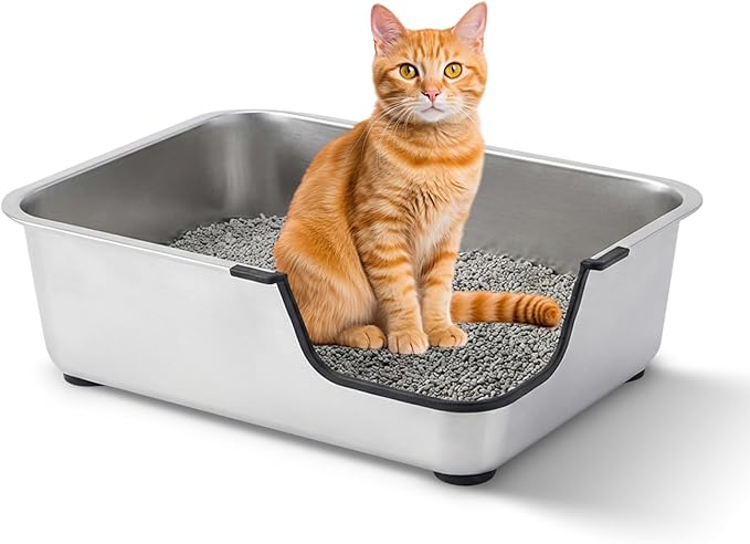 Stainless Steel Cat Litter Box, 17.5"L x 13.6"W x 6"H Metal Cat Litter Box with Low Entry for Senior, Injured Cats Anti-Slip Non-Stick No Odor Easy to Clean for Most Cats with Weight of 14Ibs or Less
