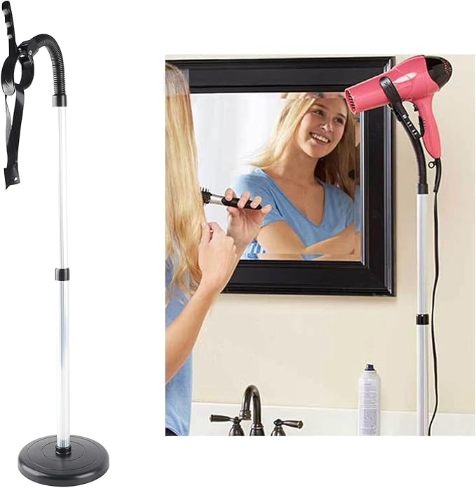 Adjustable 93.5cm Height Hair Dryer Stand Holder with Flexible Neck and Heavy Base for Home, Salon and Pets in Black and Silver