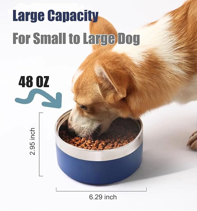Dog Bowl, Dog Food Water Bowl with Non-Slip Rubber Base, Stainless Steel, Double Wall Small Medium Large Dogs, 32oz, Pack of 2 (Blue)