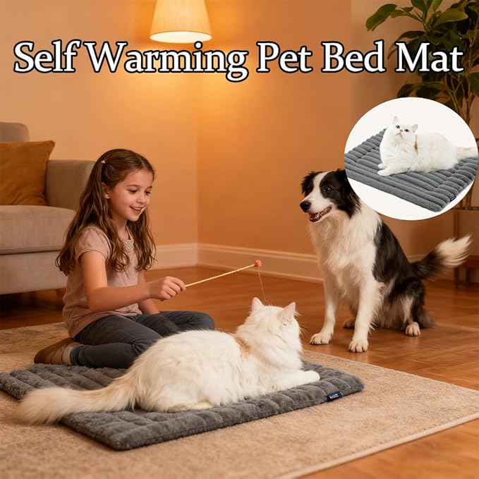 Self Warming Pet Bed, Self Warming Pet Mat, Cordless Machine Washable Selfs Warmings Pet Beds for Cats Dogs, Pets Selfs Warmings Mats for Indoor (White, 23 * 35)