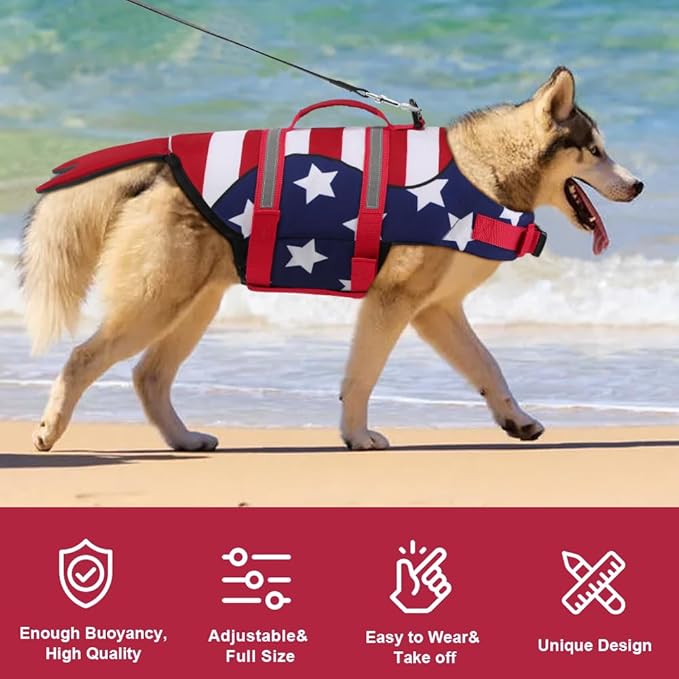 EMUST Dog Life Jacket, Dog Life Vest with Rescue Handle, Ripstop Puppy Safety Preserver for Swimming Pool Beach Boating Kayaking (XS, StripMermaid)