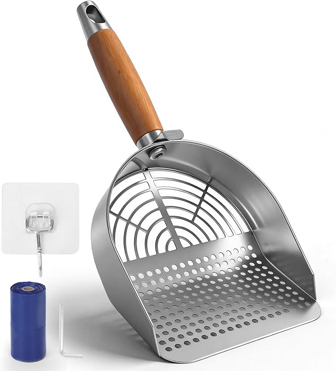 Cat Litter Scoop 304 Stainless Steel Rust Proof, Sifting Litter Box Scooper with Wood Handle, Curved Design for Easy Cleaning, Dual Sifter Holes cat Litter Shovel