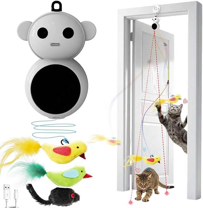 Interactive Cat Toys for Indoor Cats - 2 in 1 Automatic Cat Toy with Feather Flying Bird, Smart Moving Mouse Wand Toy, Auto On/Off Hanging Toys for Bored Kitten & Adult Cats(Grey)