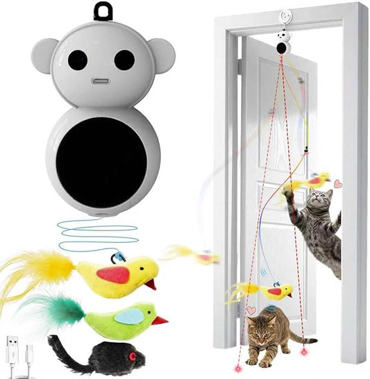 Interactive Cat Toys for Indoor Cats - 2 in 1 Automatic Cat Toy with Feather Flying Bird, Smart Moving Mouse Wand Toy, Auto On/Off Hanging Toys for Bored Kitten & Adult Cats(Grey)