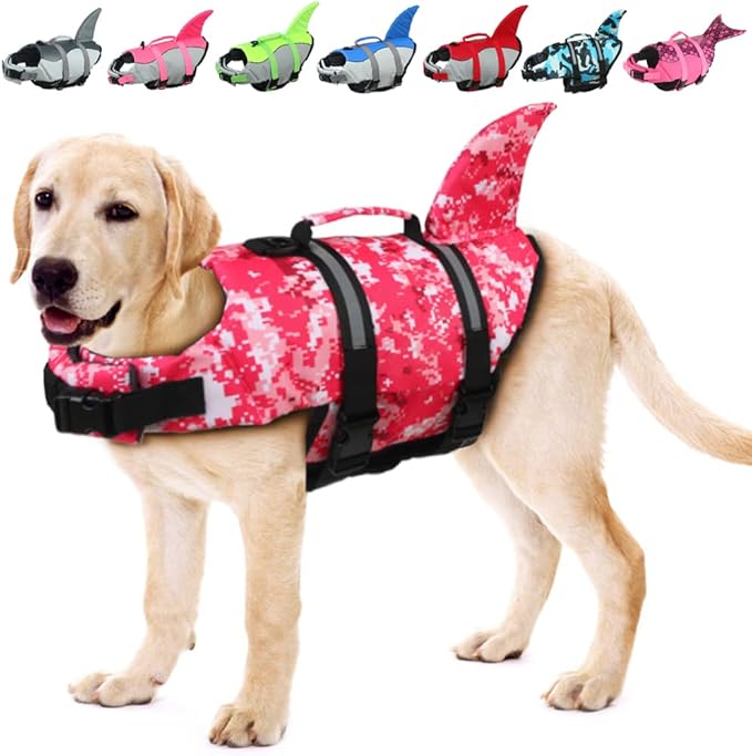 EMUST Dog Life Vests, Dog Floats for Swimming, Boat, Pool, Ripstop Pet Life Jacket with High Buoyancy and Lift Handle for Small and Medium Breeds (M,Pink Camouflage)