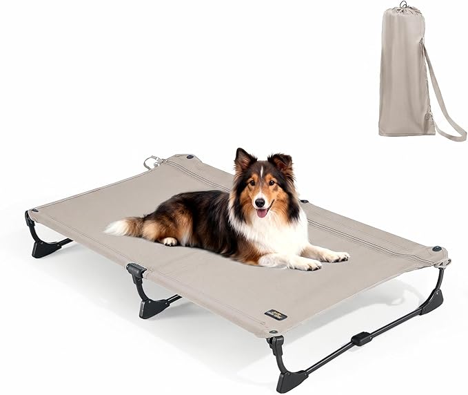 CANINE CANYON Upgraded Non-Slip Daisy Cot, Large Foldable Elevated Dog Bed, Portable Raised Outdoor Folding Dog Cot for Camping/Home, Chew Proof Waterproof Heavy Duty Up to 160 Lbs, Brown, 43"x27"