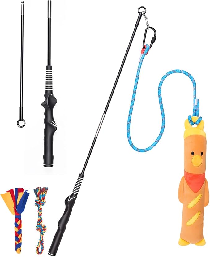 BurgeonNest Flirt Pole for Dogs, Interactive Dog Toy for Medium Small Dogs, with Replaceable Yellow Duck Toy & 2 Rope Toys, Dog Exercise Pole for Outdoor Training & Chase