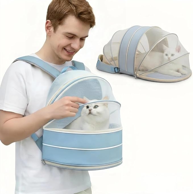Pet Carrier Backpack for Cats and Small Dogs-Expandable Pet Tent Breathable Visible Pet Bag for Kitty and Puppy Foldable Pet Nest Bed Perfect for Travel Walks Shopping Vet Visits Home Use-Blue