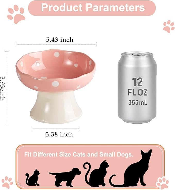 Ceramic Elevated Cat Bowls, Tilted Raised Pet Dish for Indoor Cats, Whisker Friendly Pet Food and Water Bowl for Kitten, Cat, Puppies, Dishwasher Safe (Pink+ Blue)