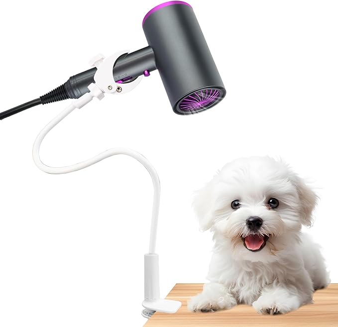 Dog Hair Dryer Holder, Black Alloy Flexible Hair Dryer Stand 360° Rotating Hands-Free Stand with Adjustable Clamp, for Pet Dog Cat Grooming (White)