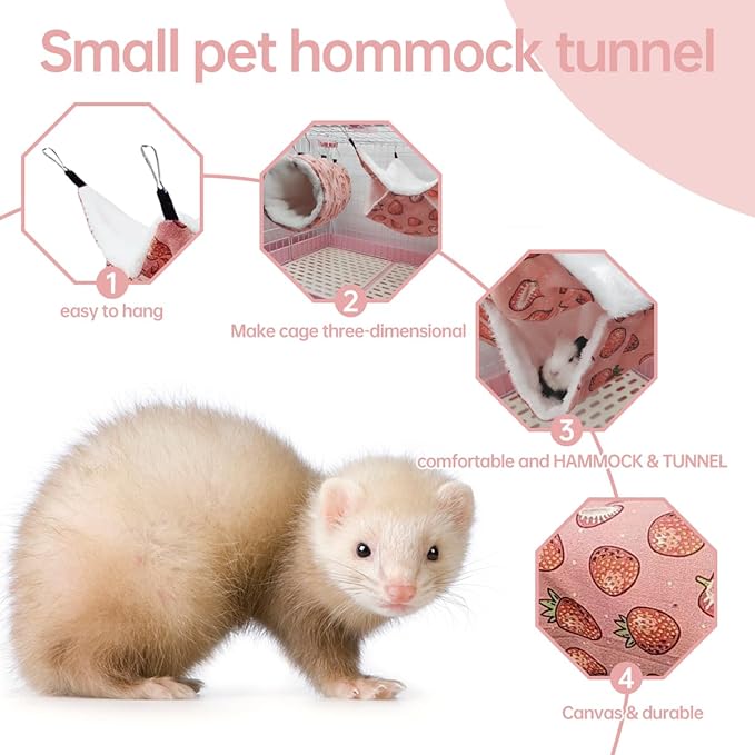 Rat Ferret Hammock Toys Cage Accessories, Guinea Pig Hideout Tunnel, Warm Bed for Rat Ferret Guinea Pig Sleep Hide and Play (2.Hammock+Tunnel)