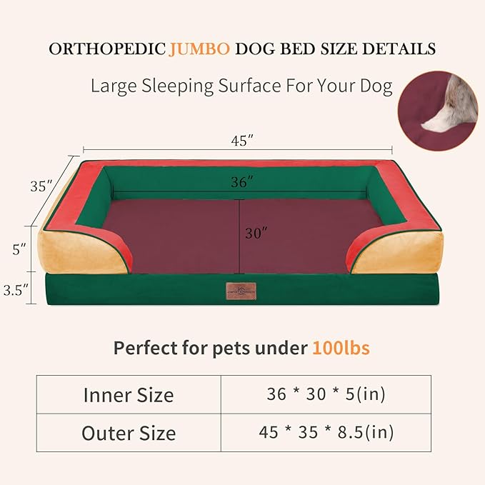 Comfort Expression Orthopedic Dog Bed for Extra Large Dogs 45x35 Inch, Waterproof Egg Crate Foam XL Pet Bed with Bolsters, Dog Couch with Washable Cover & Non-Slip Bottom, Watermelon Meadow