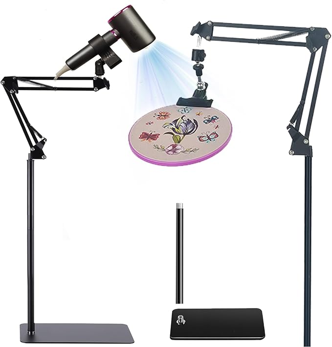 Embroidery Hoop Stand,Rotate Hand Embroidery Stand Embroidery Holder Stand Can Move Freely Hand Embroidery Stand Floor Cross Stitch Stand Suitable for Embroidery Hoop (with Hair Dryer Clamp)