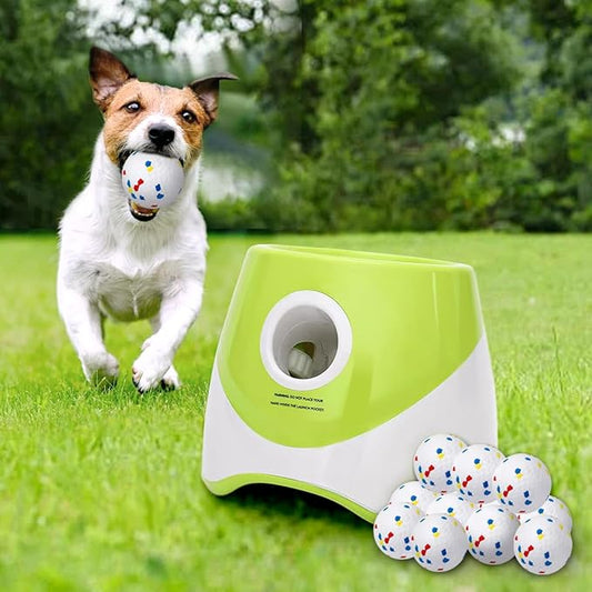 Interactive Automatic Ball Launcher for Dogs, 20-46Ft 3 Distance, Ball Thrower for Medium & Large Dogs, with 12pcs 58mm ETPU Tennis Balls, Rechargeable Dog Toy for Outdoor Lawn