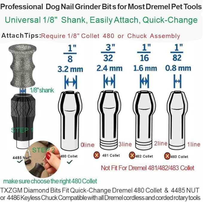 Diamond Dog Nail Grinder Bits Attachments for Dremel 7760 7350 7300 - 1/8'' 80 Grit Replacement Heads Refills & Tip for Most Pet Grinders - Painless & Safe for All Dogs Cats Thick Tough Nails Grooming