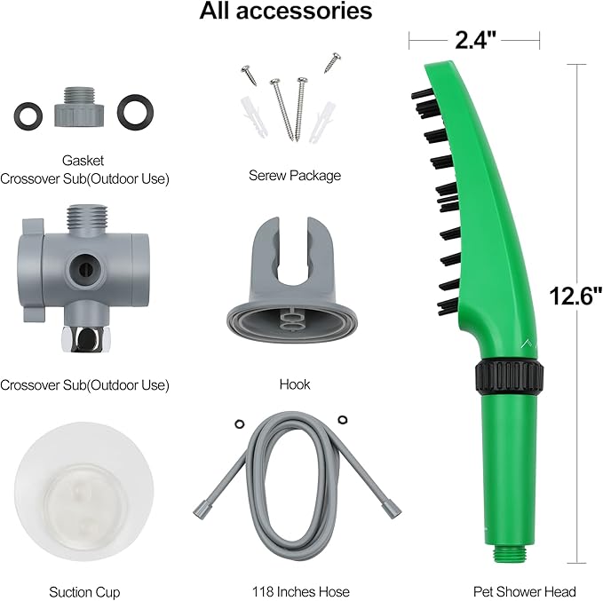 Pet Shower Sprayer, Dog Shower Attachment, 1.8GPM Dog Shower & Bath Accessories with Faucet Head Hook Valve 9.8 Ft Steel Hose for Dogs Cats Bath Indoor Outdoor Green & Black