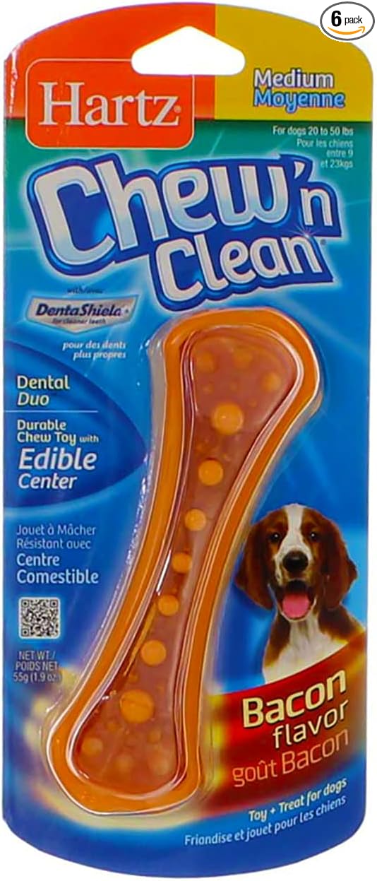 Hartz Chew N' Clean Dental Duo Dog Chew Toy Bacon Flavor, Medium 1 ea(Pack of 6)