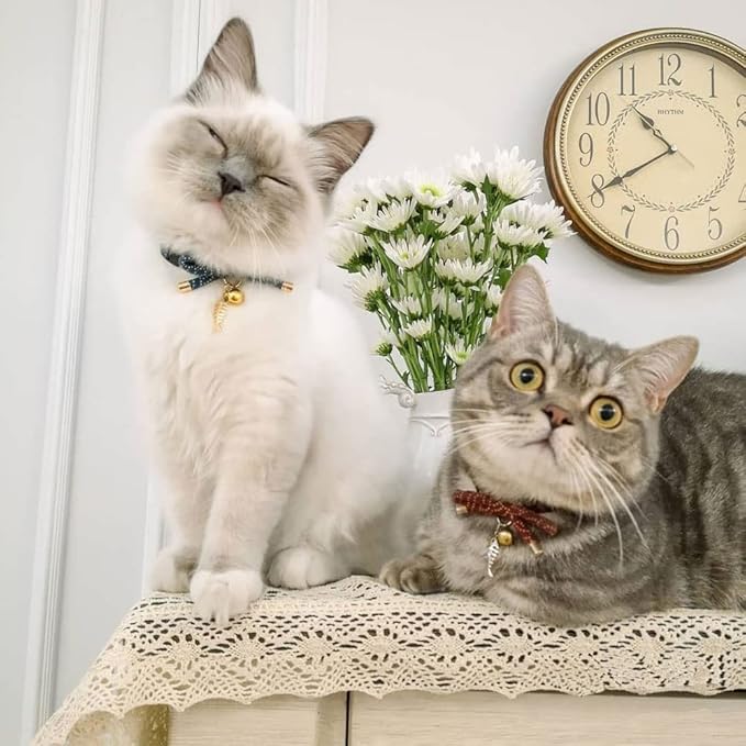 Cute Bowtie Cat Collar with Bell. Japanese Stylish Bowknot & Fish Charm. Safety Breakaway, Soft, Lightweight, for Girl Boy Male Female Cats Kitten,Navy Blue