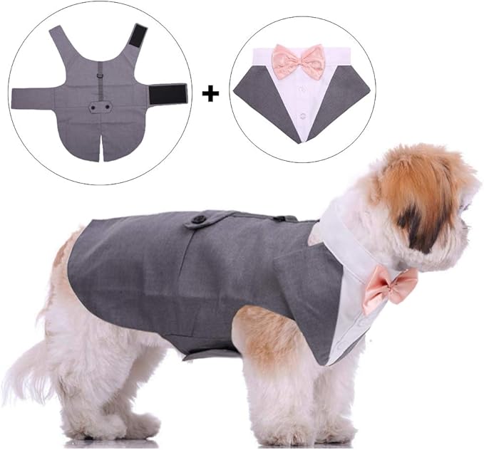 QBLEEV Dog Tuxedo Suit with Bow Tie, Formal Gentleman Dog Tux Costume and Bandana Set for Wedding Outfit Birthday Party Cosplay Photo Shoot, Doggy Prince Attire for Siberian Husky Border Collie