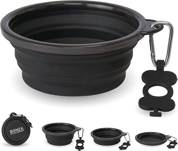 Bonza Collapsible Dog Bowls - 2 Pack, Small 12 oz, Dog Travel Accessories, Silicone Portable Dogs Bowl & Water Dish with Reinforced Rim & Carabiner for Hiking, Camping, and Car Trips, Black
