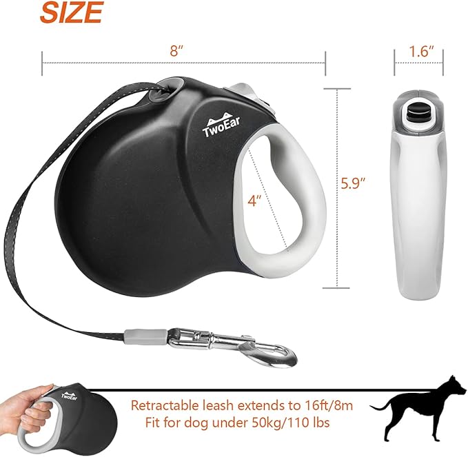 TwoEar 26ft Retractable Dog Leash with Anti-Slip Handle, Reflective 360° Tangle-Free Dog Walking Leash for Medium/Large Dogs Up to 110lbs, Heavy Duty Nylon Tape, One-Handed Brake