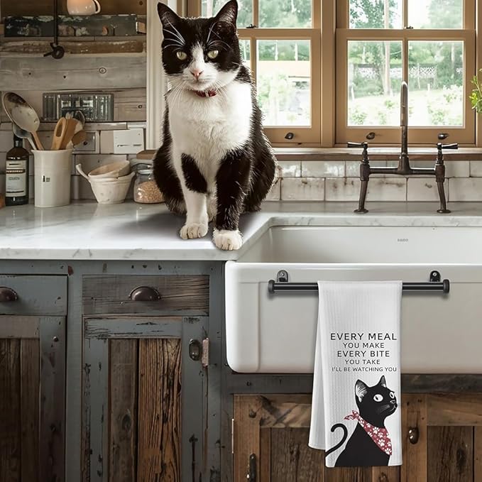 Cat Kitchen Towels - Quick-Dry 'Culinary Watchdog' Cat Hand Towels Observant Black Feline Art, Decorative Dish Towel for Amused Pet Moms | Whimsical Home Accent & Humorous Dining Companion Gift