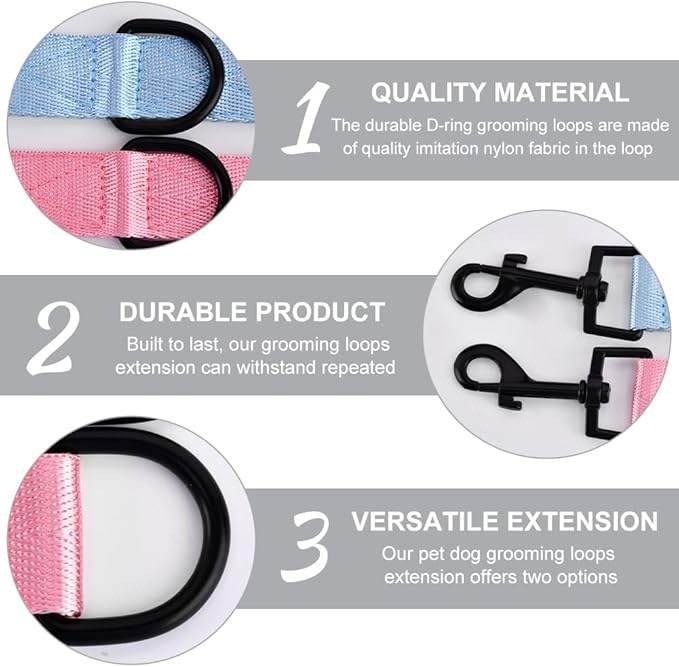 2pcs Dog Grooming Extension Strap with 4 D-Ring and 6 D-Ring Grooming Loops Adjustable Extender Straps Quick Release Pet Dog Leashes for Grooming(Color:Blue Pink)