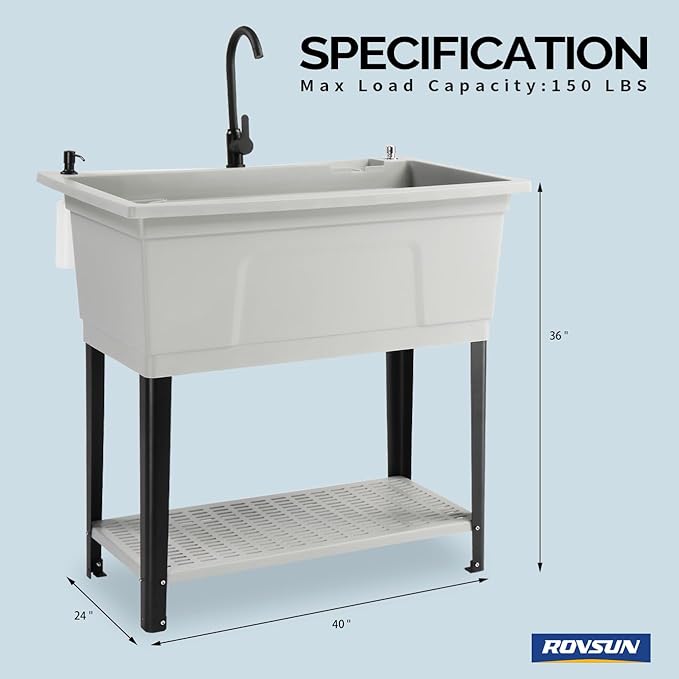 ROVSUN 37-Gallon Freestanding Utility Sink with Faucet, 36" Heightened Basin for Laundry, Garage, Outdoor Garden, Pet Wash, Heavy Duty Plastic Laundry Tub with Storage Shelf, 40"L×24"W×36"H, Gray