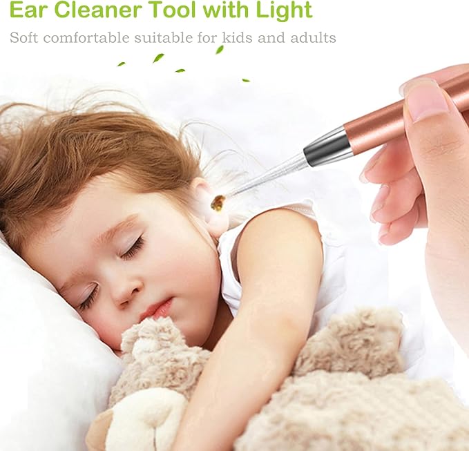4 Pack Ear Pick with Light, Ear Cleaner Ear Wax Removal Tool Kit for Kids and Adults, Ear Picks Digger & Tweezers & Spiral Spring Ear Spoon Set with Storage Box (Rose Gold)