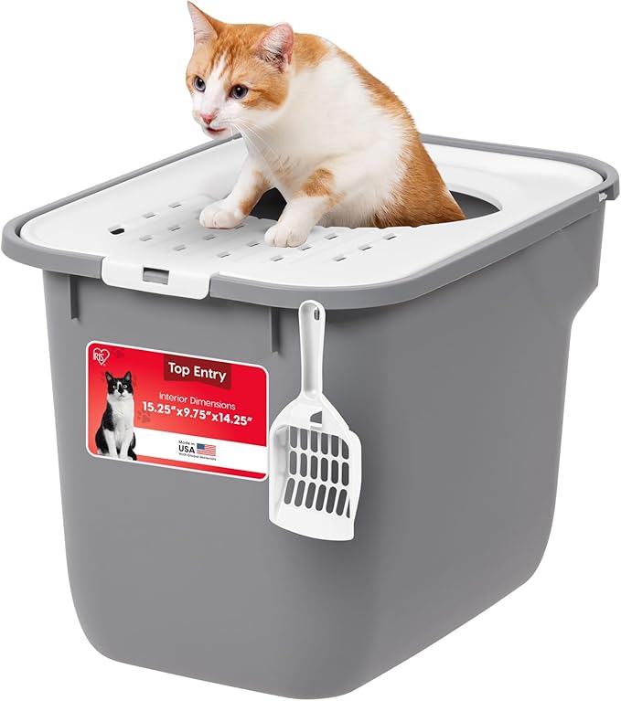 IRIS USA Cat Litter Box Large Top Entry with Lid, Enclosed Litter Box with Litter Catching Lid & Scoop, Covered Cat Litter Box Enclosure for Privacy, High Sided, Gray/White