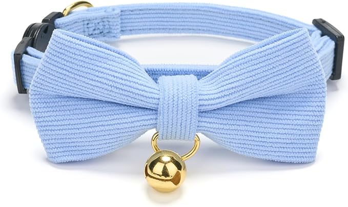 2 Pack Soft Corduroy Cat Collars with Bow Tie & Bell, Adjustable Breakaway Cotton Kitty Bowtie Collar for Girl Boy Kitten (Pink & Blue)
