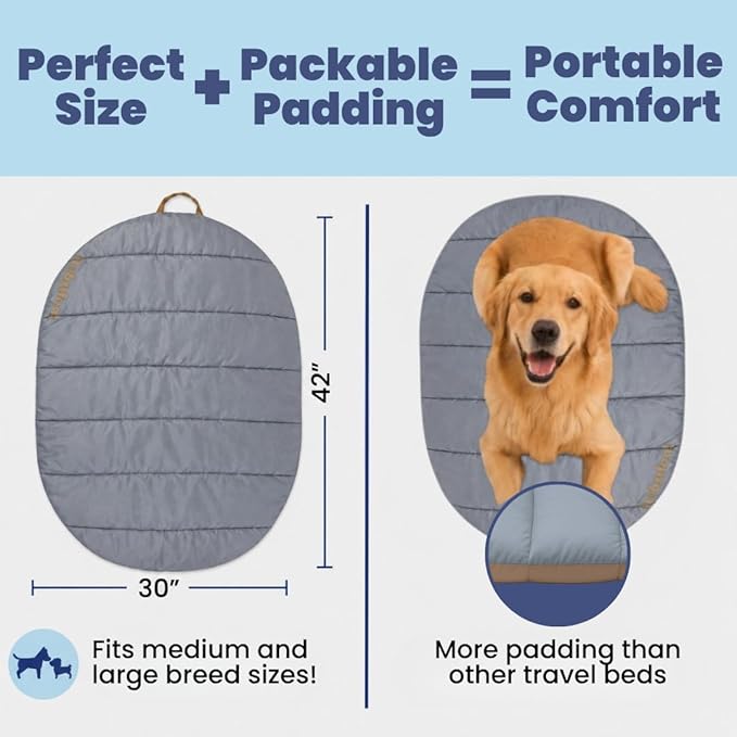 Travel Dog Bed (42" x 30") – Foldable & Packable for Travel, Road Trip, Camping – Lightweight, Water Resistant & Cozy Soft Padding – Compact, Portable & Machine Washable – Medium & Large Breeds: Grey