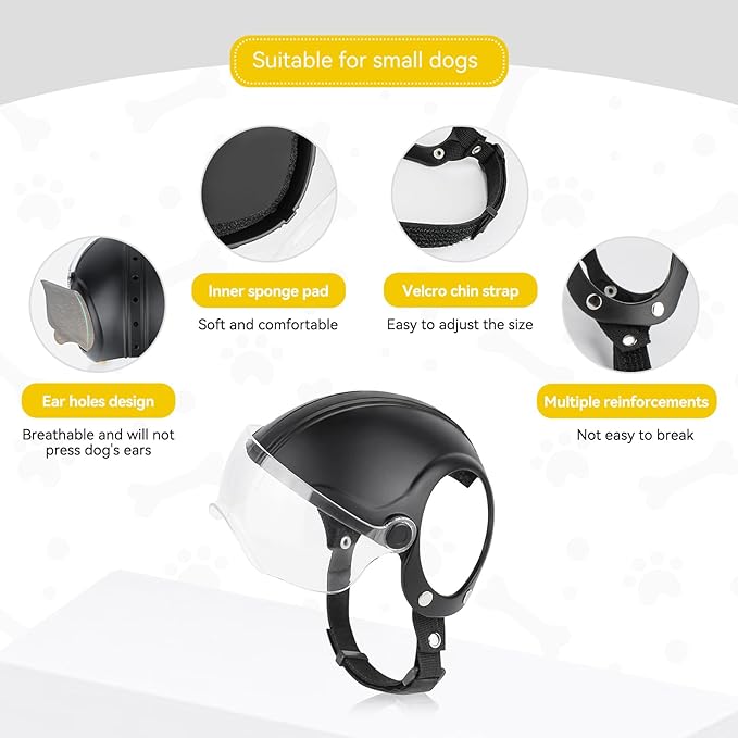 Small Dog Helmet, Pet Motorcycle Helmet with Ear Holes, Adjustable Pet Safety Hat with Flip-Up Clear Visor, Small-Medium Puppy Heads Protection, Non-Spiked