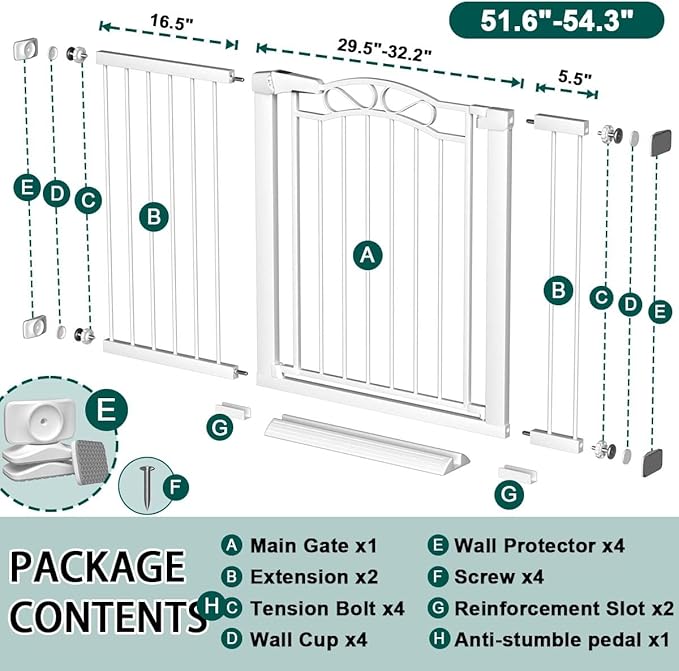 Fairy Baby 51.6"-54.3" Extra Wide Baby Gates for Doorways, Safety Child Gate for Kids Dog, Metal Auto Close Stair Gates Indoor for Children Toddler Pressure Mount Kit, Walk Thru Garden Gate, White
