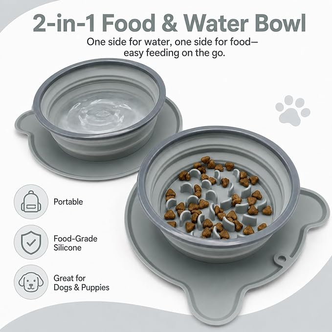 Collapsible Dog Bowls, 2-in-1 Silicone Pet Food and Water Bowl with Carabiner - Portable Double Compartment Travel Dish for Dogs, Ideal for Camping, Hiking, Car Rides, Puppy Essentials (Gray)