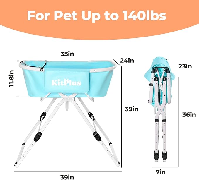 KITPLUS Portable Dog Bathtub, 5 Height Adjustable Dog Washing Station for Pet Shower and Grooming Foldable Bathing Tub with Storage & Anti-Slip Design for Small Large Dogs