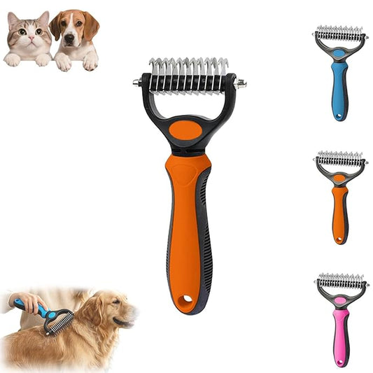 Pet Pro Grooming Tool, 2-in-1 Deshedding Dog Brush with 9/17 Teeth Undercoat Rake for Dogs & Cats, Dual-Sided Stainless Steel Pet Comb for Long Hair & Thick Coats, Non-Slip Ergonomic Handle (Orange-S)