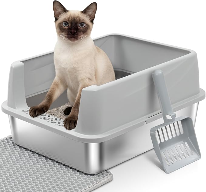 Stainless Steel Litter Box with Lid,Metal Kitty Litter Box for Small to Medium Cats,Low Entry Cat Litter Box with Scoop and Mat,Non-Stick,Anti-Leakage,Easy to Clean
