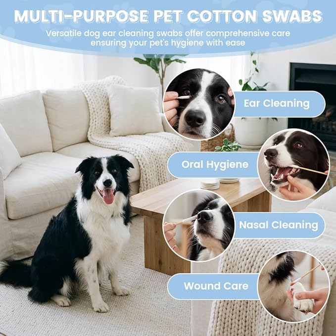 100 Pcs Dog Ear Swabs - 6 Inch Long Cotton Swabs with Absorbency Soft Cotton Tips for Dog Ear Cleaning, Sturdy Bamboo Sticks & Gentle and Lint-Free - Ideal for Pet Cleaning Solution