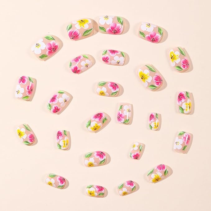 yefiuo Summer Press on Nails Short Square Pink Fake Nails Press ons Ombre Flowers Acrylic False Nails Glue on Nails Reusable Nail Tips Kit Full Cover Stick on Nail Supplies for Women Girls 24Pcs
