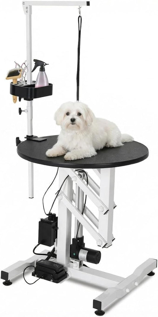 24 Inch Electric Dog Grooming Table with Rotating Desktop, Adjustable Overhead Arm & Foot Remote, 250lbs Heavy Duty Pet Grooming Station for Small Dogs Cats at Home or Salon