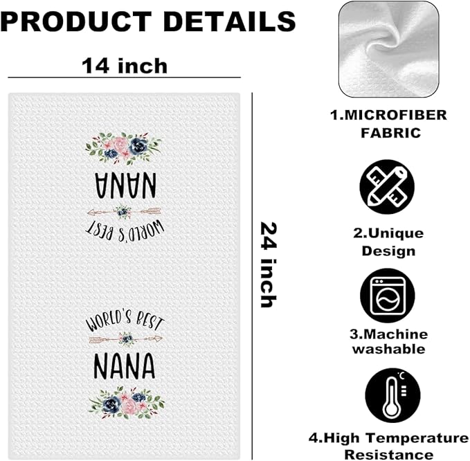 World’s Best Nana Gifts Kitchen Towels 24x14 Inch, Floral Waffle Absorbent Tea Dish Hand Towels, Reusable Dish Towel for Kitchen Bathroom Decor, Birthday Christmas Thanksgiving Gifts for Nana Grandma