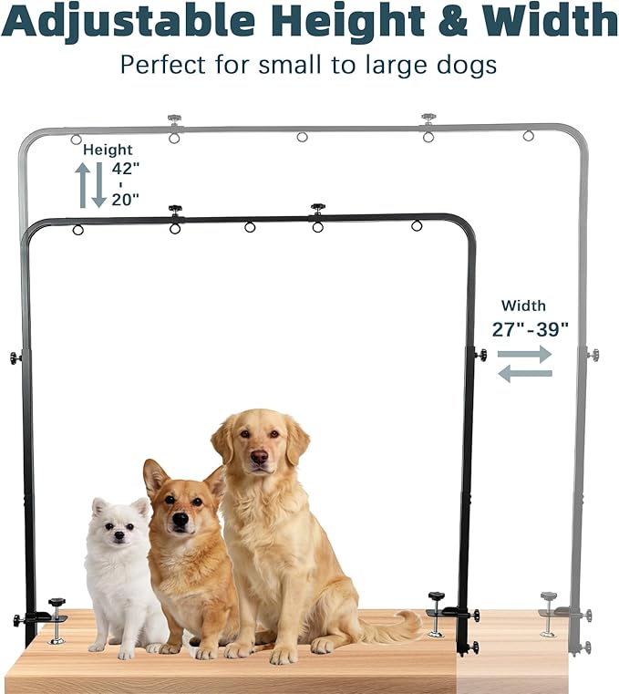 SpaceTime Dog Grooming Table Arm with Clamps,Adjustable 20"-42" Height & 27"-39" Width,Dog Grooming Arm with Hammock and 2 No-Sit Holders,Pet Groomers Helper Loop Restraint Station for All Dogs