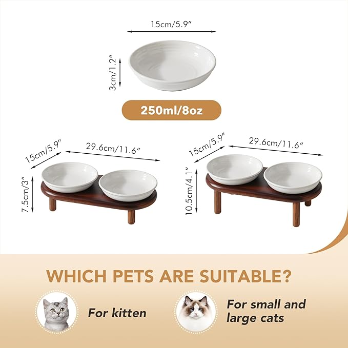 Havniva Elevated Cat Bowls Raised Ceramic Cat Bowl, 5.9” Wide Opening Cat Food Bowl Whisker Friendly Cat Dish Anti-Slip with Wood Stand, Shallow Pet Food & Water Bowl for Indoor Cats