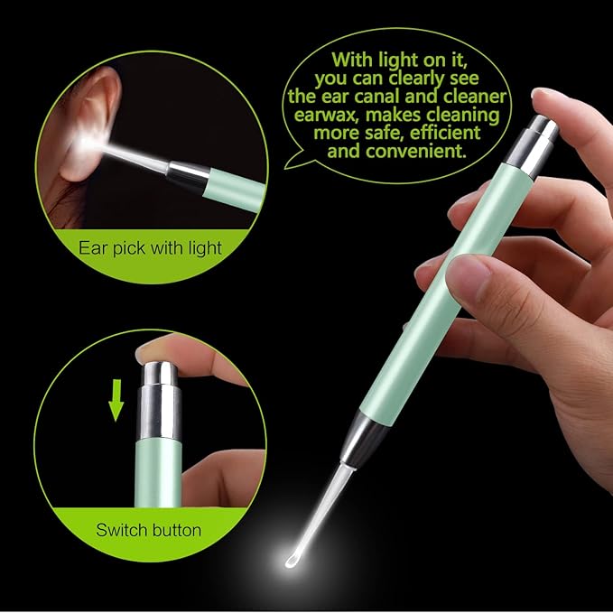 4 Pack Ear Wax Removal Tool Kit with Light, Ear Pick Ear Cleaning Tools Set for Kids and Adults, Ear Picks Digger & Tweezers & Spiral Spring Ear Spoon with Storage Box (Green)
